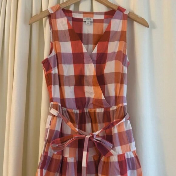 J.Crew gingham plaid tiered faux-wrap dress features a v-neck, sleeveless design - Picture 3 of 5